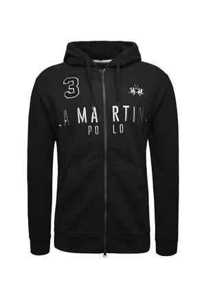 Felpa con zip nera in cotone. Presenta un cappuccio, tasche frontali, la scritta stampata "LA MARTINA POLO" e il numero "3" sul lato sinistro.