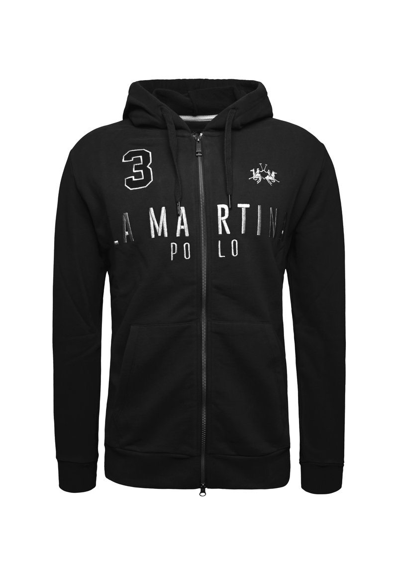 Černá mikina na zip vyrobená z bavlny. Obsahuje kapuci, přední kapsy, potištěný text "LA MARTINA POLO" a číslo "3" na levé straně.