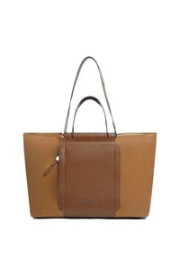 Braune Ledertasche mit glatter Textur, kurzen Griffen und einer großen Fronttasche in dunklerer Farbe. Mit Reißverschluss oben.