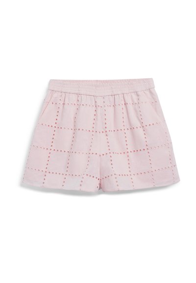 Shorts di cotone rosa con vita elastica, tasche e un motivo a griglia con punti ricamati per texture e dettaglio.