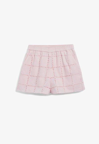 Shorts di cotone rosa con vita elastica, tasche e un motivo a griglia con punti ricamati per texture e dettaglio.