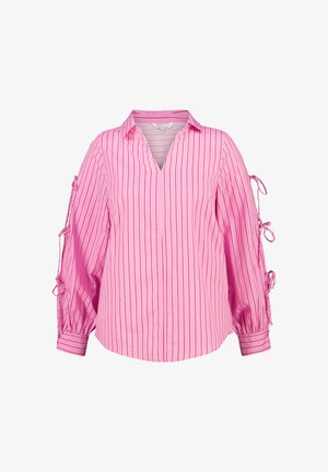 Roze gestreepte blouse met een V-hals, pofmouwen en strikaccenten op de manchetten. Gemaakt van een gladde, lichte stof.