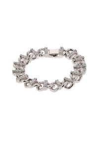 Stříbrný náramek s provázanými řetězy a malými průhlednými krystaly. Hladký povrch, zaoblené články a bezpečný uzavírací mechanismus.