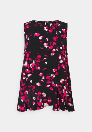 Top negro sin mangas con patrón floral abstracto en rosa y blanco y un ligero vuelo en el dobladillo.