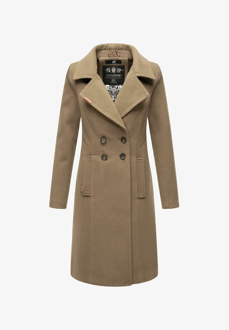 Brun uldblandingsfrakke med dobbeltbrett design, bred krave, to frontlommer og mønstret indvendig foring.