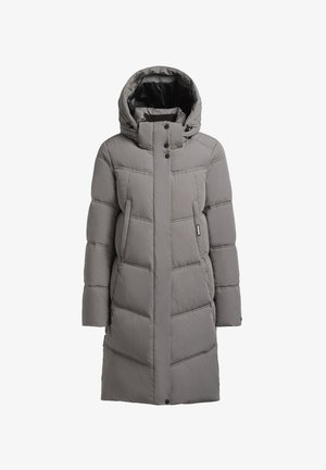 Gevoerde jas in lichtgrijs met een capuchon. Beschikt over een rechte snit, horizontale stiksels, twee zijzakken en drukknoopsluitingen bij de kraag.