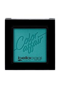 Ombretto turchese in un compatto quadrato nero con superficie testurizzata e logo "Color Affair" in rilievo. Nome del marchio: bellaoggi Italia.