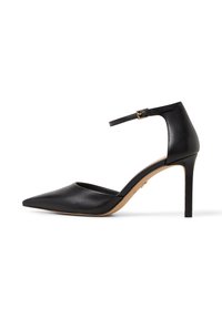 Black leather high-heeled pump with a pointed toe, ankle strap, and a slim stiletto heel. Smooth texture and simple design.