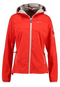 Chaqueta softshell roja con interior gris, cremallera frontal y cordón ajustable en el dobladillo. Cuenta con bolsillos con cremallera y detalles del logo.