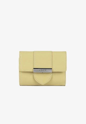 Portafoglio in pelle gialla dal design strutturato. Presenta una chiusura a scatto e un dettaglio hardware color argento sulla parte anteriore. Cuciture ordinate.