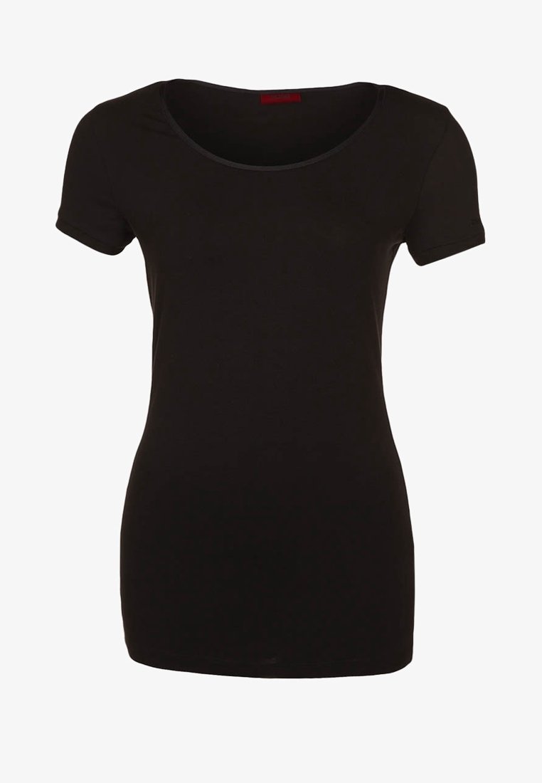 T-shirt noir ajusté à manches courtes avec un col rond et un design uni sur fond blanc.