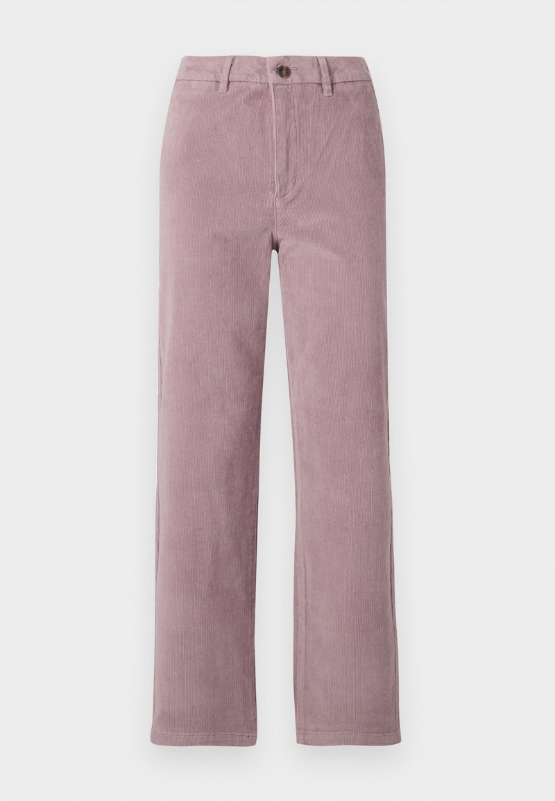 Pantalones de pana en malva claro con corte recto. Cuentan con un cierre frontal de botón y una textura de rayas verticales.