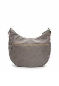 Borsa a tracolla di tessuto grigio con forma arrotondata, dotata di una tasca frontale con zip e una superficie liscia. Include una tracolla regolabile.