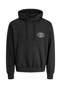 Sudadera negra con capucha, con bolsillo canguro en la parte delantera y un pequeño logotipo ovalado blanco en el lado izquierdo del pecho que dice "Jack & Jones Worldwide 1990."