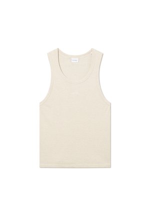 Beige ärmelloses Tanktop aus weichem Stoff, mit rundem Halsausschnitt, durchgehenden Trägern und dezentem Logodetail auf der Vorderseite.