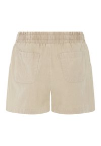 Beżowe szorty z elastycznym pasem, dwoma tylnymi kieszeniami i teksturowanym materiałem. Projekt zapewnia luźny krój i swobodny wygląd.