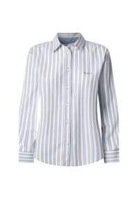 Chemise à boutons en coton, ornée de rayures verticales bleues et blanches, à manches longues et col classique avec fermeture à boutons sur le devant.