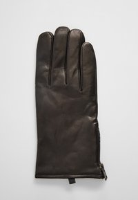 Guanto in pelle nera con cinque dita, texture liscia e chiusura con zip al polsino per una facile indossabilità.
