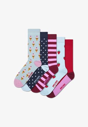 Five pairs of cotton socks in various colors and patterns including ice cream, polka dots, stripes, and strawberries, with contrasting cuffs.