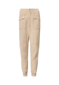 Beige cargo kalhoty vyrobené z lehkého materiálu, které mají dvě přední kapsy, manžety na šňůrku a zapínání na knoflík. Hladká textura a volný střih.