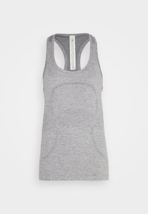 Canotta grigia realizzata in tessuto leggero, con un design a spalle scoperte, dettagli in rete e una texture liscia con un aspetto leggermente melangiato.