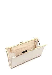 Metallinen vaaleanbeige clutch-laukku, jossa on kultasävyinen kehys, ketjuyksityiskohta ja sileä pinta; sisältää taskun, jossa on etiketti.