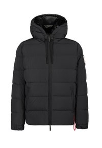 Giacca imbottita nera con cappuccio, chiusura frontale con zip, design trapuntato, tasche laterali e cordini a contrasto rossi.