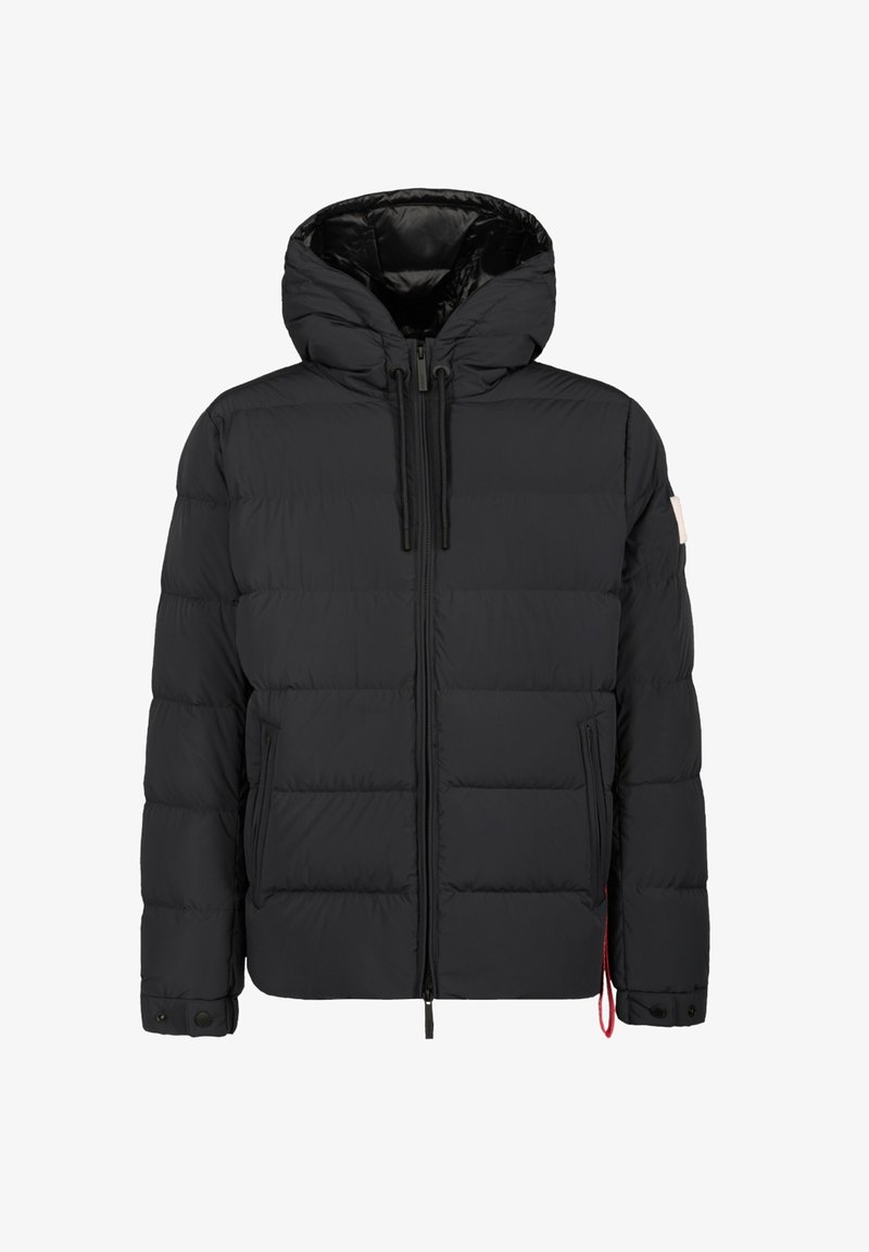 Giacca imbottita nera con cappuccio, chiusura frontale con zip, design trapuntato, tasche laterali e cordini a contrasto rossi.