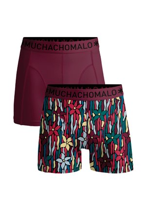Dva páry pánskych boxeriek: jeden v jednofarebnej burgundskej farbe, druhý viacfarebný s kvetinovým vzorom. Obe majú čierny pás s logom značky.