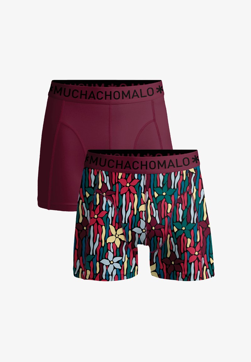 Dve moški bokser hlačke: ena v enobarvni bordo barvi, druga večbarvna s cvetličnim vzorcem. Obe imata črni pas z blagovno znamko.