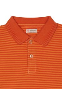 Oranje gestreepte polo met een klassieke kraag, voorzien van drie knopen en een label op de nek. Soepele, katoenen stof.