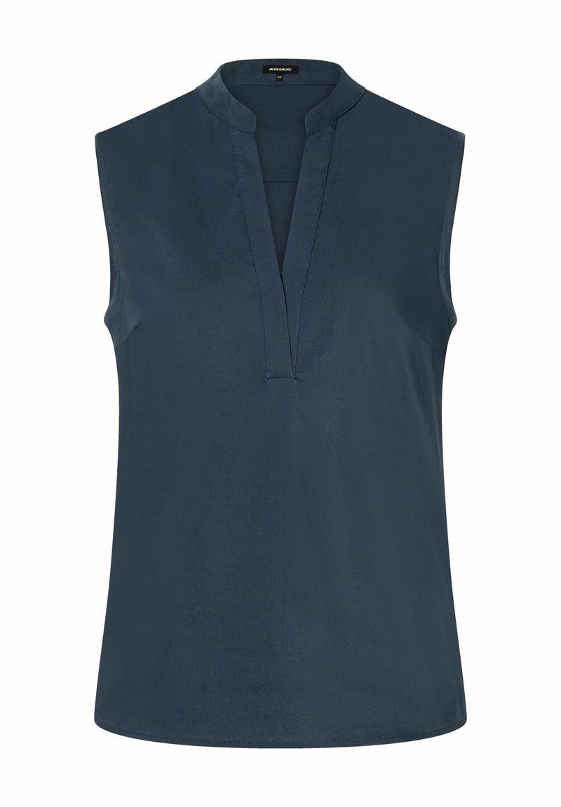 Dunkelblaue ärmellose Bluse mit V-Ausschnitt, aus glattem Stoff mit leichtem Glanz. Schlichtes und elegantes Design.