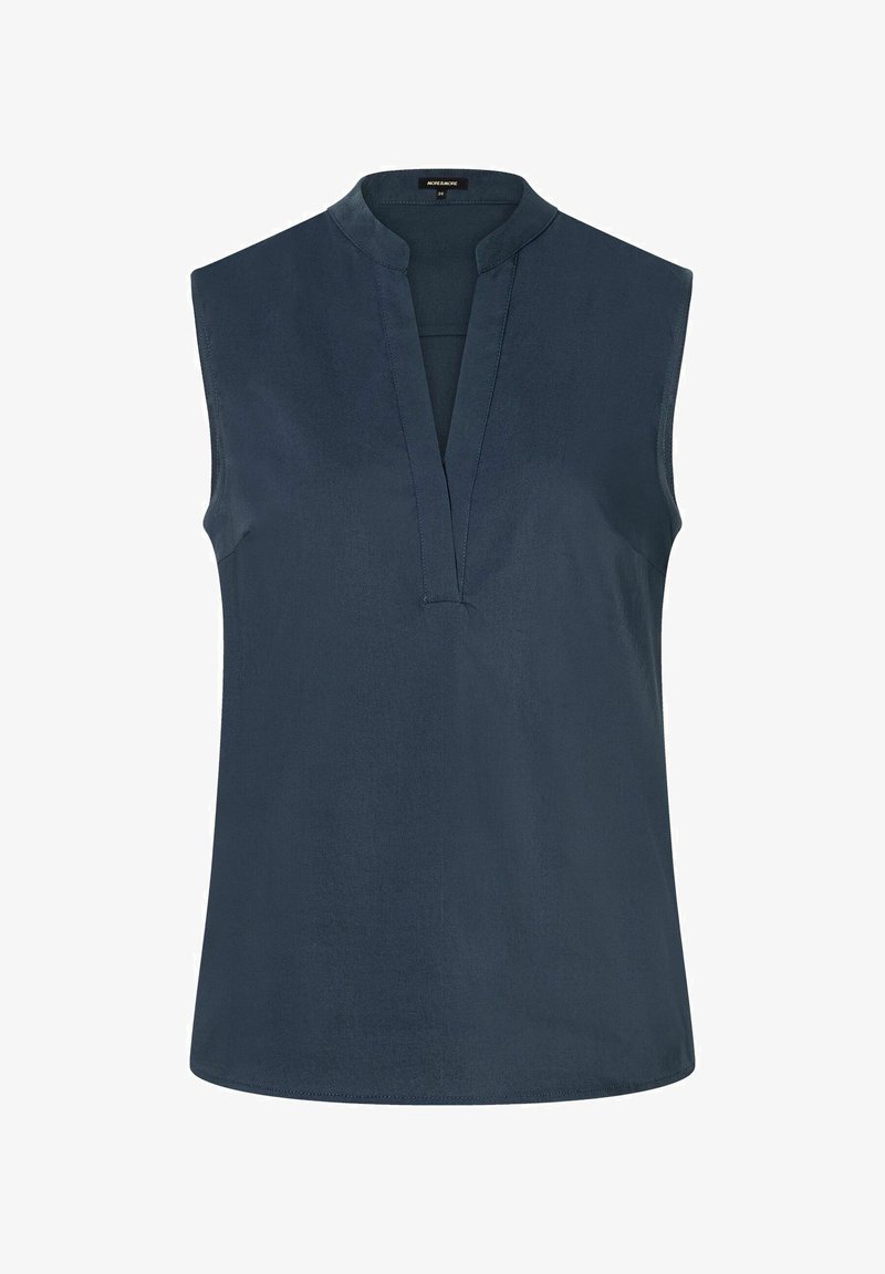 Dunkelblaue ärmellose Bluse mit V-Ausschnitt, aus glattem Stoff mit leichtem Glanz. Schlichtes und elegantes Design.