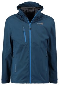 Veste imperméable bleue avec fermeture éclair à l'avant, capuche ajustable et fermetures éclair bleues contrastées. Comprend deux poches latérales et un détail de logo.