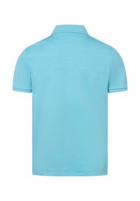 Hellblaues Polohemd mit strukturierter Oberfläche, kurzen Ärmeln und klassischem Kragen. Keine sichtbaren Logos oder zusätzlichen Details.