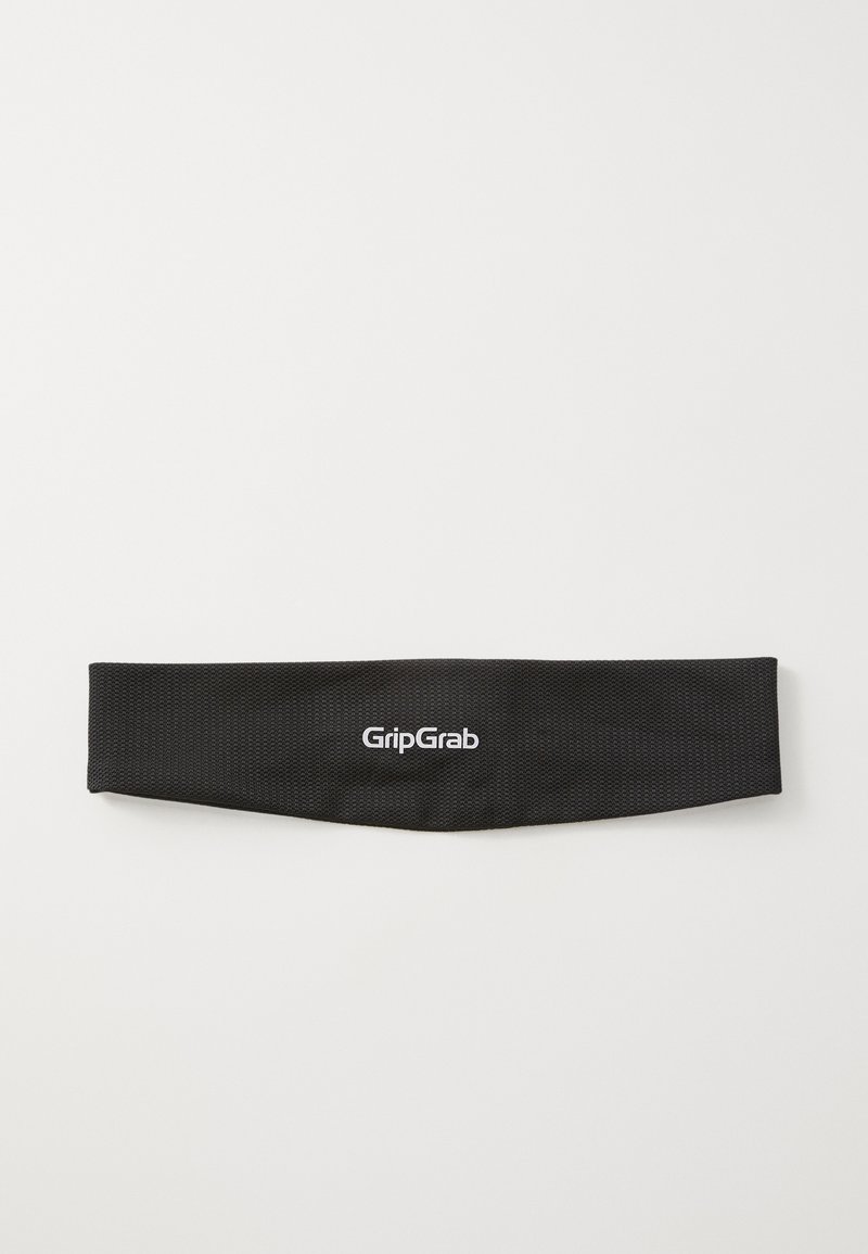 Fita de cabelo preta feita de tecido texturizado, com um logo branco "GripGrab" central. O design é simples, estreito e elástico.