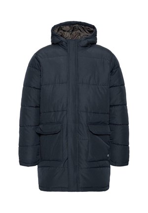 Giacca puffer blu scuro con cappuccio, dotata di due tasche frontali, pannelli cuciti e una foderatura interna liscia.
