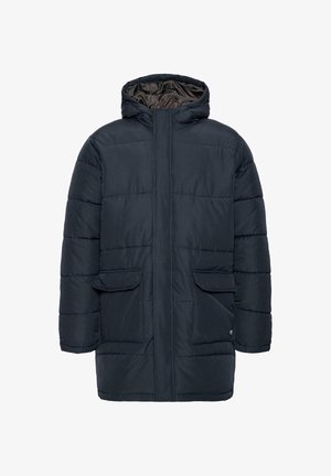 Mørkeblå puffjakke med hette, som har to frontlommer, sydd paneler og en glatt innvendig foret.