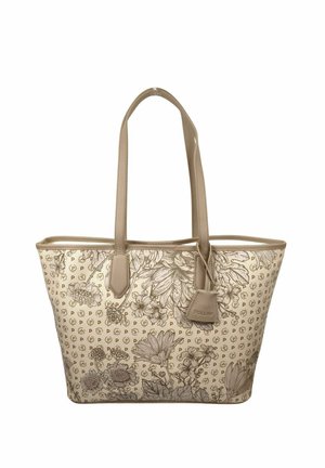 Borsa tote beige con motivo floreale e "P", due spallacci e una piccola targhetta appesa con il nome del marchio in rilievo.