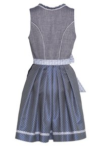 Blå klänning med chambray-överdel, scallop-formad halsringning och blommönster på kjolen. Har knytbar midja och spetsdetaljer.