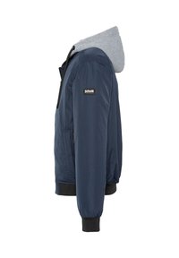 Marineblaue Bomberjacke mit grauer Kapuze, ausgestattet mit einem Frontreißverschluss, elastischen Bündchen und Seitentaschen. Hergestellt aus glattem, leichtem Stoff.