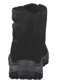Schwarze Ankle Boots mit einem Obermaterial aus Wildleder und einer strukturierten Gummisohle. Verfügt über ein weiches Futter und eine genähte Naht. Zusätzliche Branding-Details sichtbar.