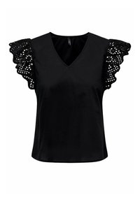 Haut noir avec un décolleté en V, doté de manches courtes en dentelle à motifs complexes. Tissu lisse avec une coupe décontractée.