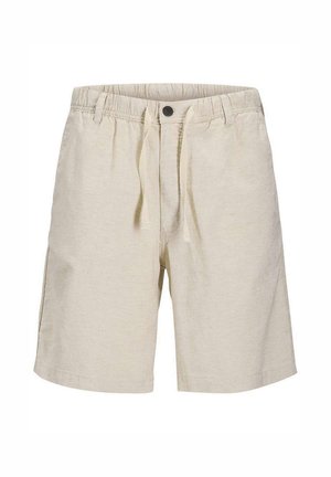 Pantaloncini beige casual con vita elasticizzata, bottone frontale, coulisse e tasche laterali, mostrati su sfondo bianco.