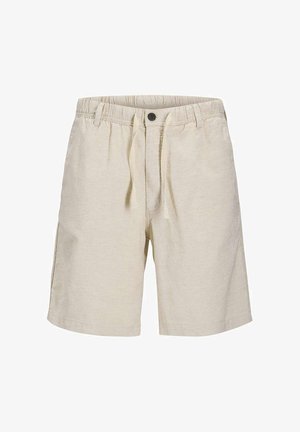 Shorts beige décontractés avec taille élastique, bouton à l'avant, lien de serrage et poches latérales, présentés sur fond blanc.
