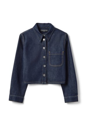 Dark blue cropped denim jacket with long sleeves, front buttons, pointed collar, and single chest pocket with contrasting stitching.