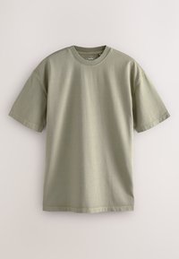 T-shirt en coton vert olive uni à manches courtes avec col rond, présenté sur un fond clair.