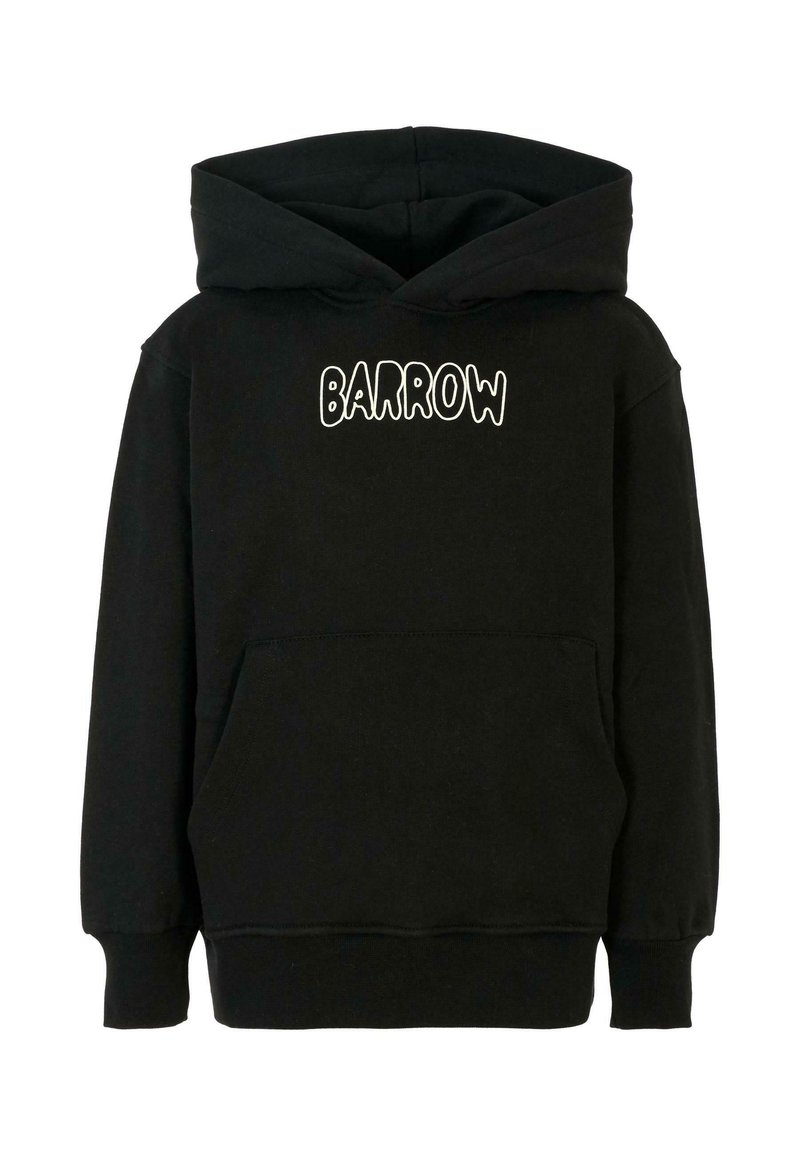 Zwarte hoodie met een voorzak en witte tekst "BARROW". Heeft lange mouwen en is gemaakt van zacht katoen.