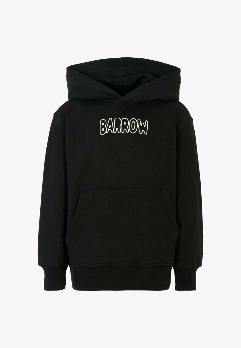 Sort hætte sweatshirt med en frontlomme og hvid "BARROW" tekst. Har lange ærmer og blødt bomuldsstof.