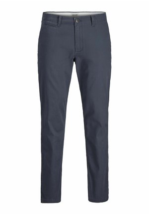 Mørkeblå bomulds-chinos med slim fit, der har en knaplukning, bæltestropper, forlommer og et enkelt design.